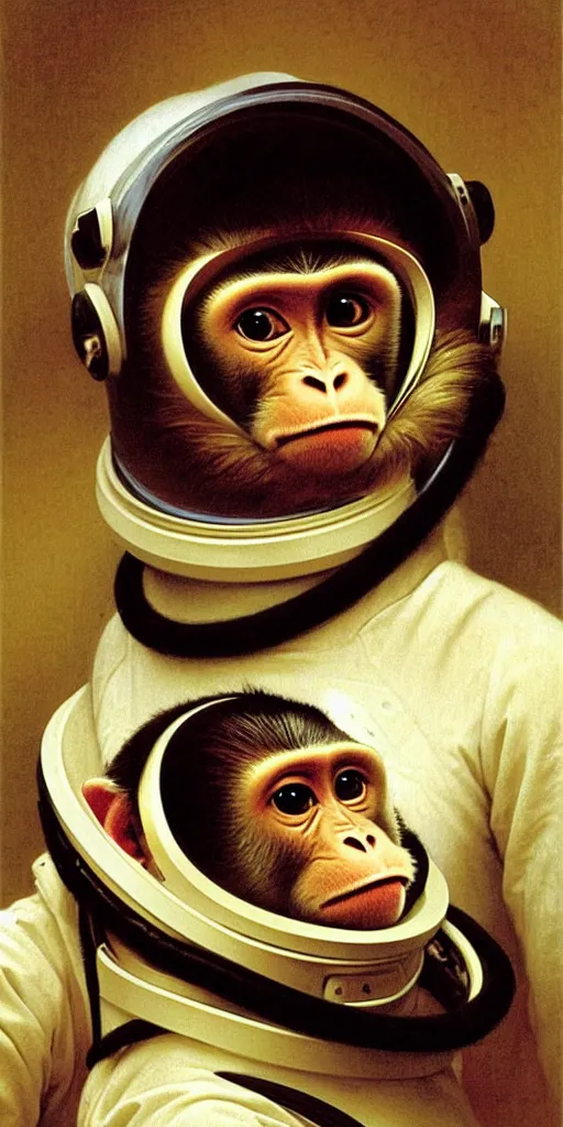 Image similar to portrait of monkey in astronaut helmet, by bouguereau