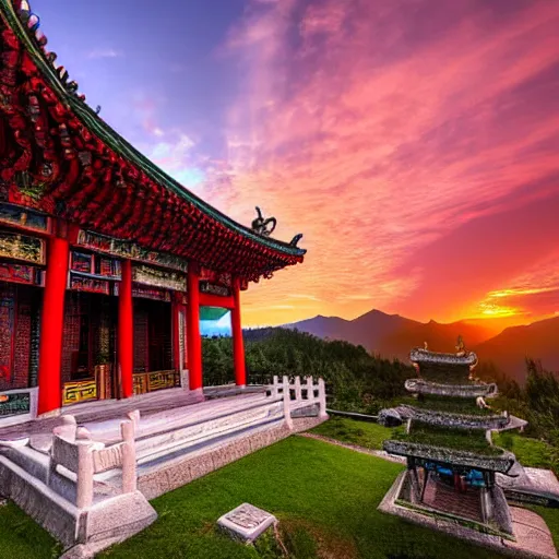 Image similar to a beautiful wide angle HDR photograph of a Chinese temple in mountain valley at sunset