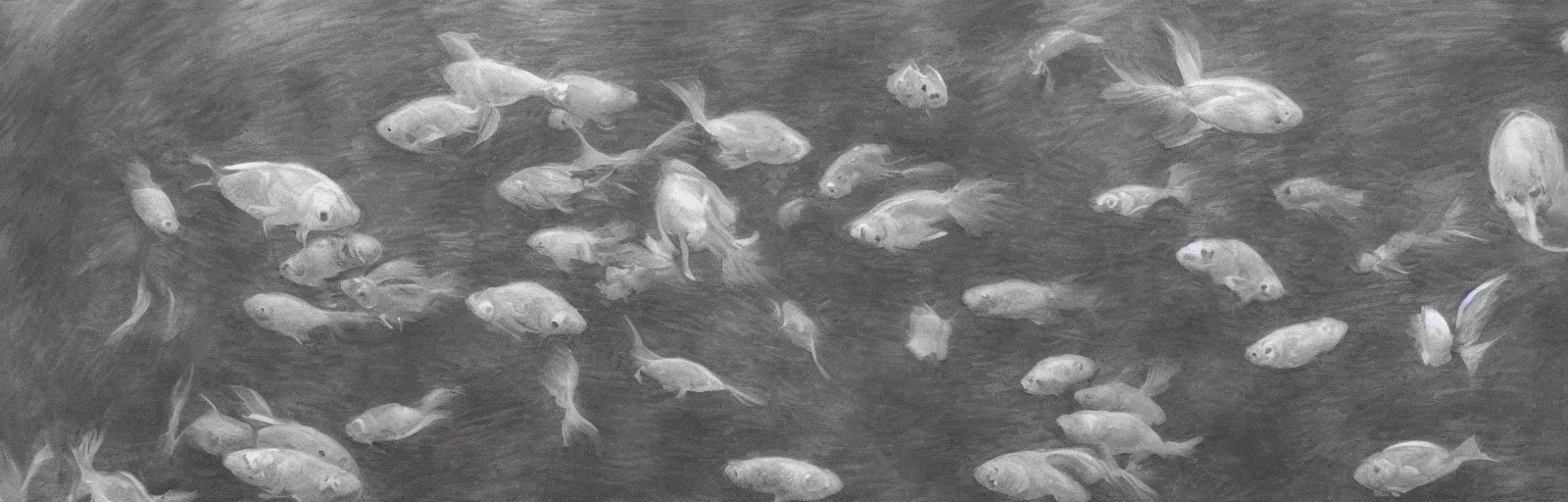 Image similar to An aesthetically pleasing, dynamic, energetic, lively, well-designed digital art of goldfish in a pond viewed from underwater, light and shadow, chiaroscuro, by Claude Monet and Vincent Van Gogh, superior quality, masterpiece, excellent use of negative space. 8K, superior detail, widescreen.