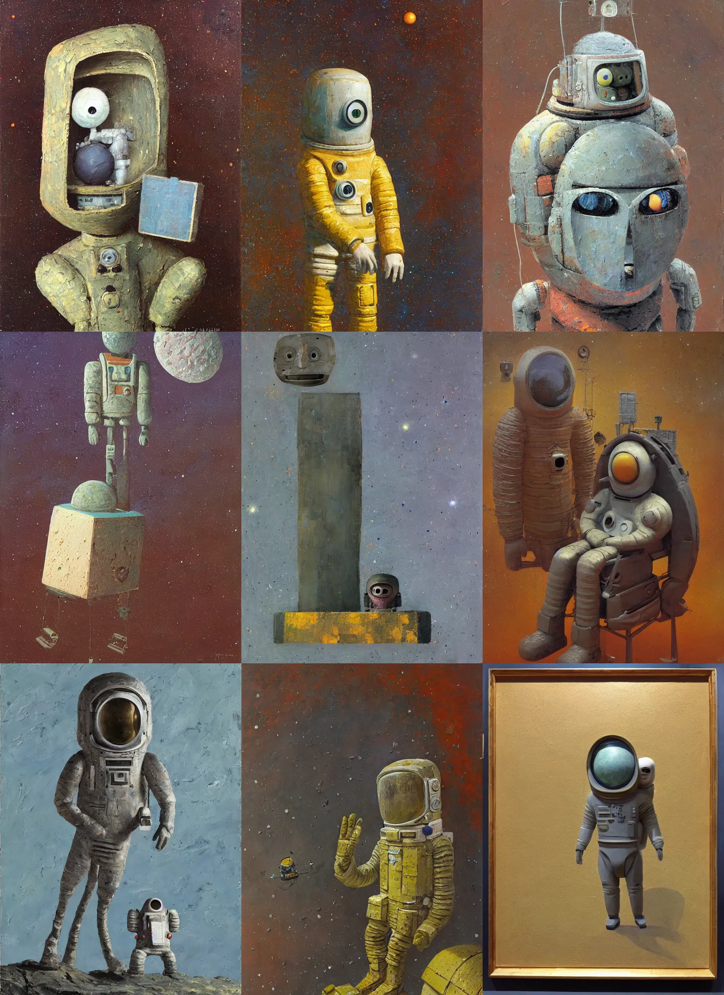 Prompt: an impasto painting by shaun tan and dan mcpharlin of a forgotten astronaut sculpture by the caretaker and ivan seal,