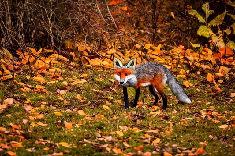 Image similar to A wild fox wandering amongst the falling autumn leaves of the forest it calls home