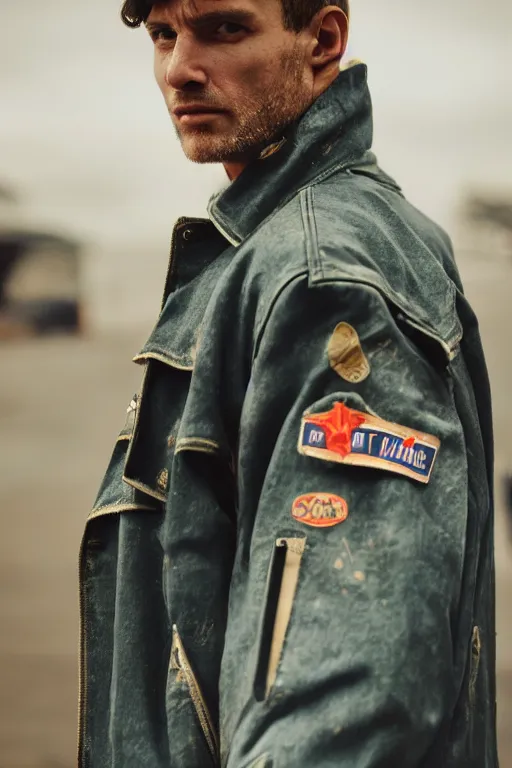 Prompt: very detailed portrait man using a soviet-era jacket with his arm up, splash art, movie still, cinematic lighting, dramatic, octane render, long lens, shallow depth of field, bokeh, anamorphic lens flare, 8k, hyper detailed, 35mm film grain