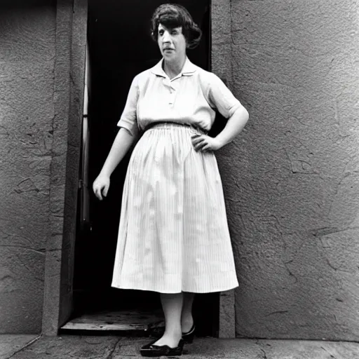 Image similar to photo of a woman in a dress by vivian maier. professional photography.