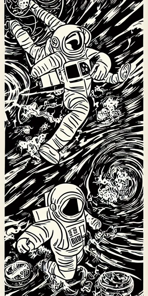 Image similar to mcbess poster in full color, astronaut drifting into a black hole