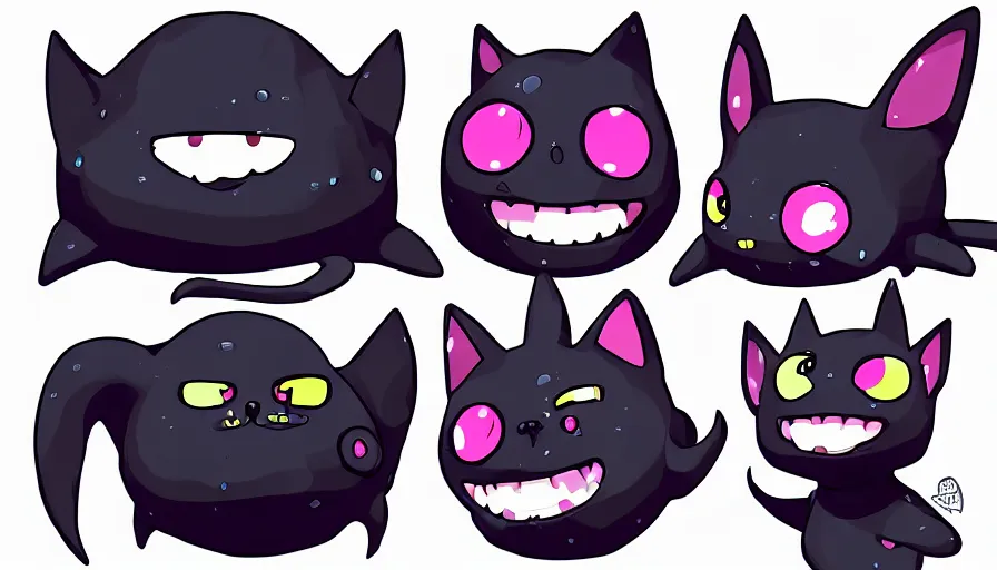 Image similar to a digital art close up portrait of black slime cat character design from concept art of slime rancher, cute black liquid black oil, ink cat character sheet, 4 k, cartoon art, stickers illustrations, beautiful avatar pictures