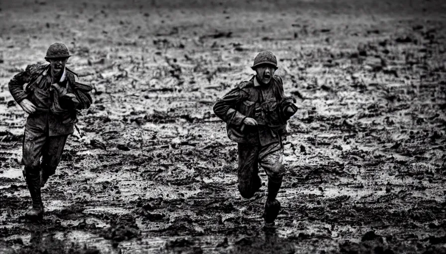 Image similar to screaming World War 1 soldier running away, wartorn landscape, lots of mud puddles and craters, bullets whizzing past camera, dirty lens, cinematic lighting, IMAX close-up of face, cinematography, 35mm