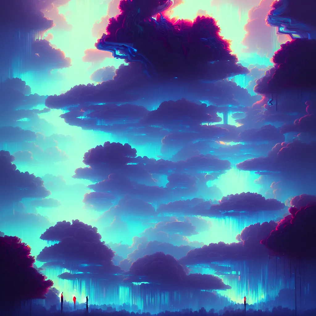 Image similar to a data-center, connector, firewall, cloud, security, river, trees, thunderstorm, trending on Artstation, painting by Jules Julien, Leslie David and Lisa Frank and Peter Mohrbacher and Alena Aenami and Dave LaChapelle muted colors with minimalism