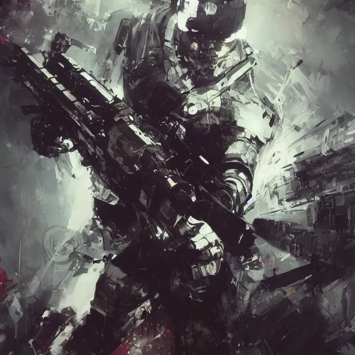 Prompt: til schweiger wearing cyber samurai armor holding gun dramatic lighting art by brandon anschultz by yoji shinkawa by richard schmid by greg rutkowski by sandra chevrier by jeremy lipking cinematic dramatic brush strokes background