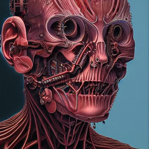 Prompt: biomechanical portrait of man connected to machine by Wayne Barlowe