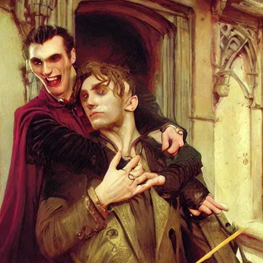 Image similar to attractive male, arthur pendragon confesses his love to attractive male dracula the vampire. highly detailed painting by gaston bussiere, craig mullins, j. c. leyendecker 8 k