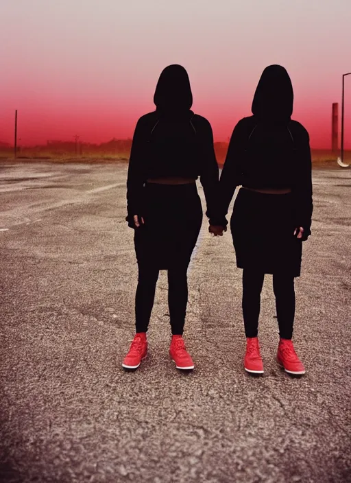 Image similar to cinestill 5 0 d photographic portrait of 2 women holding hands, wearing black techwear in front of a brutalist brushed metal building, closeup, on a desolate plain with a red sky, dystopia, cyberpunk, closeup, depth of field, 4 k, 8 k, hd, full color