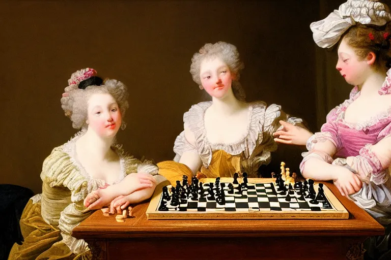 Image similar to two young women playing chess by Jean-Honoré Fragonard. highly detailed. 8k. depth of field. photography