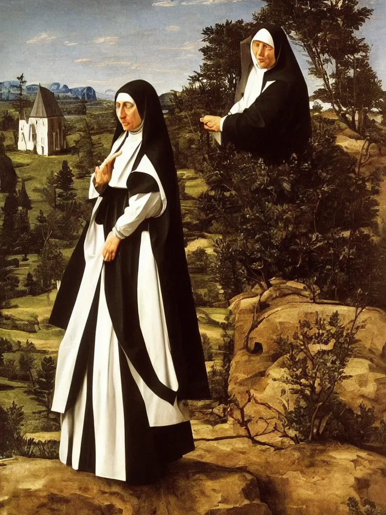 Prompt: a very detailed oil painting of the nun sainte claire wearing clarise habit, beautiful landscape background, half body, by caravaggio