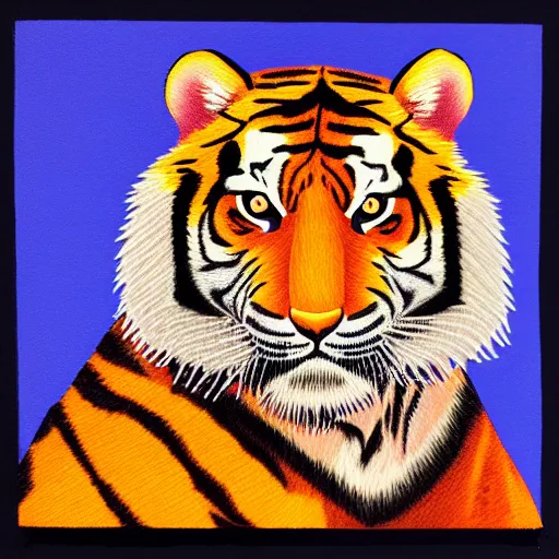 Image similar to “portrait of tiger in the style of metamask holding a laser gun, with a dark background behind him”