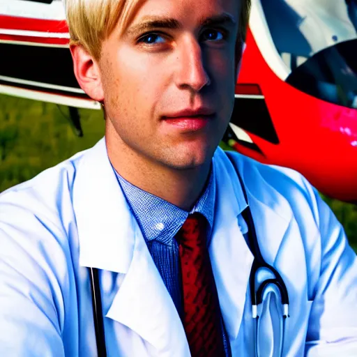 Prompt: blond male doctor in front of helicopter, epic lighting