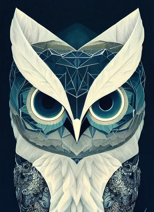 Image similar to portrait of a geometric owl, identical eyes, medium shot, illustration, full body made of white feathers, symmetrical, art stand, super detailed, cinematic lighting, and its detailed and intricate, gorgeous, by peter mohrbacher