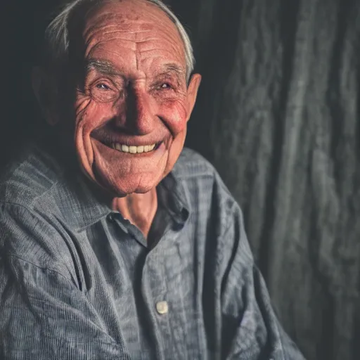 Prompt: an smiling old man standing in the dark with dramatic lighting