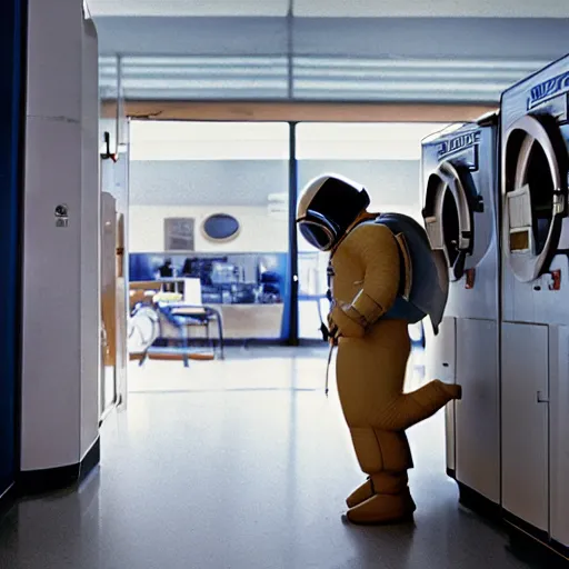 Image similar to a beautiful photo of an astronaut waiting in a laundromat, 1970', soft light, morning light, photorealistic, realistic, octane, 8k, cinematic shot