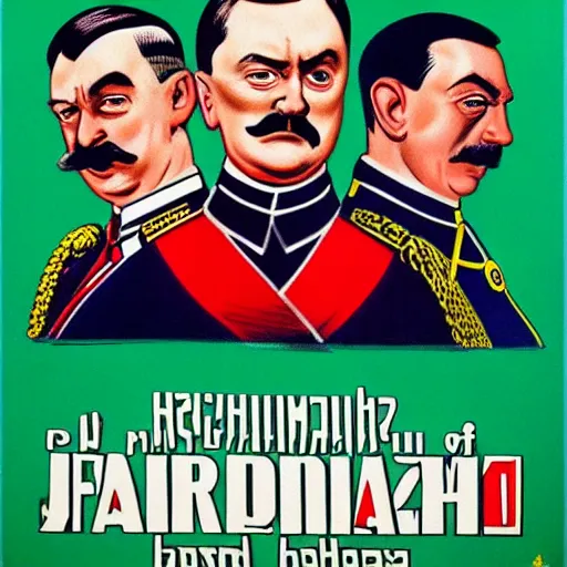 Image similar to leader of fascist hungary, viktor orban, adolf hitler and joseph stalin win farting contest together, soviet propaganda poster art from 1 9 4 4, colored, highly detailed illustration