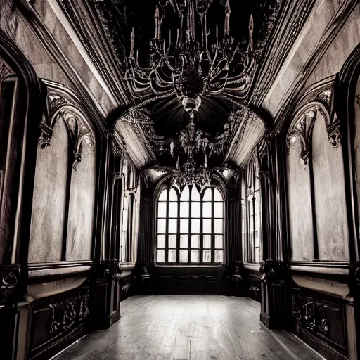 Image similar to large gothic hall with large chandeliers under the ceiling, horror movie, moonlight