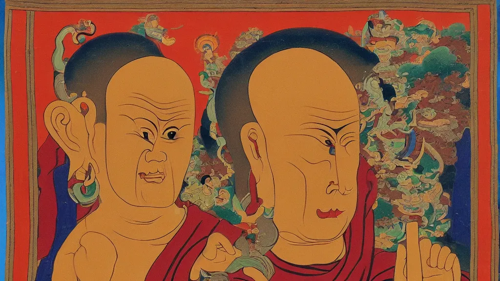 Prompt: a fierce buddhist deity with the face of michel foucault, in the style of tibetan thanka painting