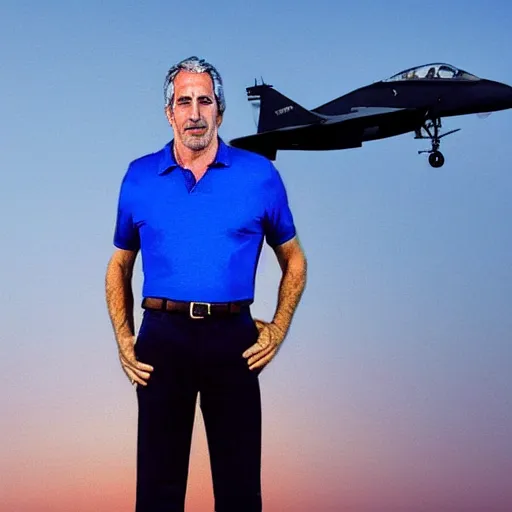 Image similar to aesthetic illustration of jeffrey epstein, wearing a dark blue polo shirt, standing near fighter jet on an empty runway at dusk, high detail, volumetric lights, pinterest wallpaper