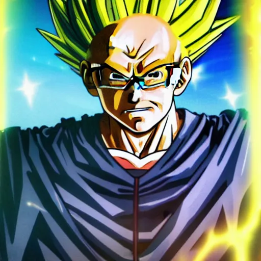 Prompt: portrait of Bernie Sanders from dragon ball z with glowing golden aura, super saiyan 3, yellow spiky hair, high quality photo