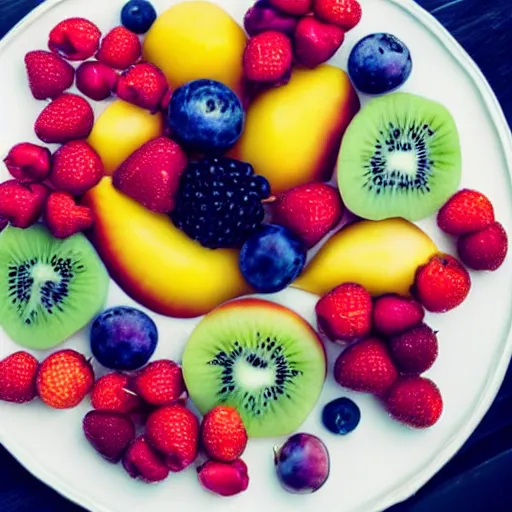 Image similar to beautiful photo of fruit pieces arranged to shape a rowing boat on a white plate, dslr