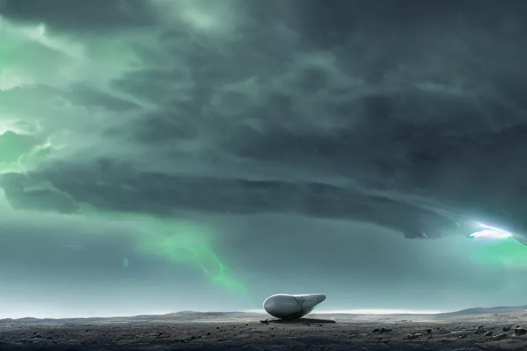 Image similar to a cinematic portrait of a cargo starship, landing in a mars base, green clouds and lightning storm, ridley scott and zack snyder, 8 k, hd, high resolution, 8 5 mm, f / 1. 8