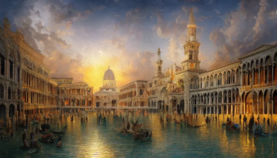 Prompt: bob ross surrounded by hundreds of easels with paintings and a big portal to another dimension on the piazza san marco, extremely detailed digital painting, vibrant colors, in the style of tomasz alen kopera and fenghua zhong and peter mohrbacher, mystical colors, rim light, beautiful lighting, 8 k, stunning scene, raytracing, octane, trending on artstation