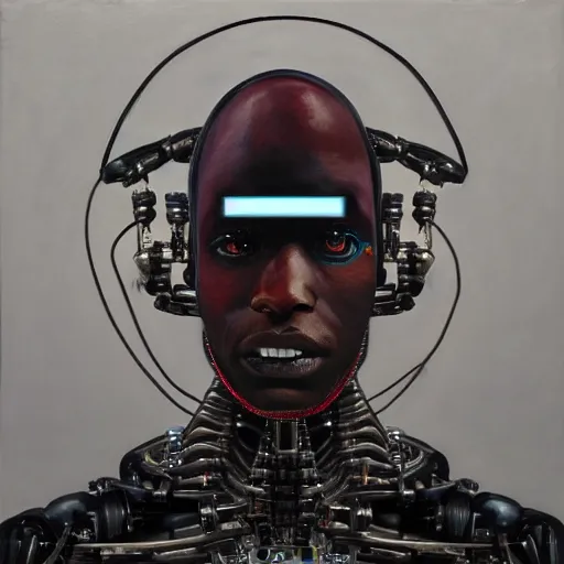 Image similar to a realistic oil painting of a black man as a cybernetic cyborg, surrealism portrait, surrealism album cover