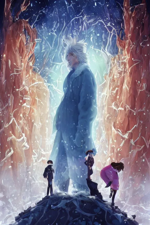 Prompt: jack Frost solving epic mysteries, Klaus Movie poster, movie still, artwork by Chiho Aoshima, a oil Rendering illustration of a cinematic beautiful closeup moment of three friends standing facing love, full of details, from above trending on artstation, froz