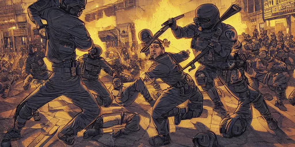 Prompt: Milwaukee cops vs. Ninjas. Epic painting by James Gurney and Laurie Greasley.