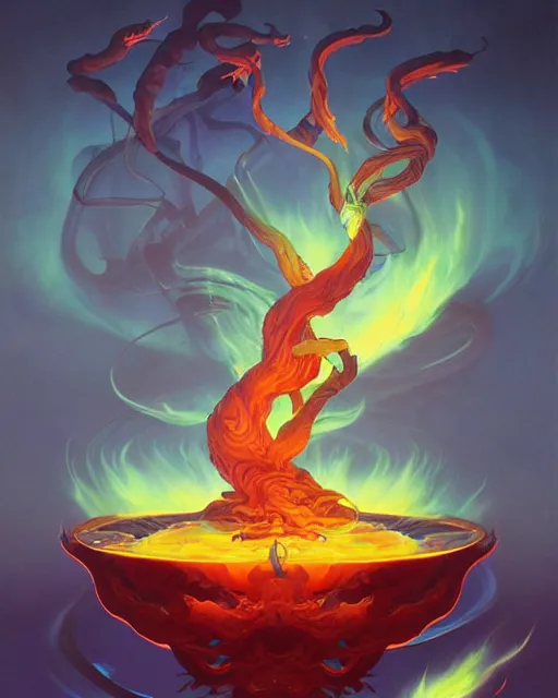 Prompt: liquid bonsai with twisting flames, peter mohrbacher, leiji matsumoto