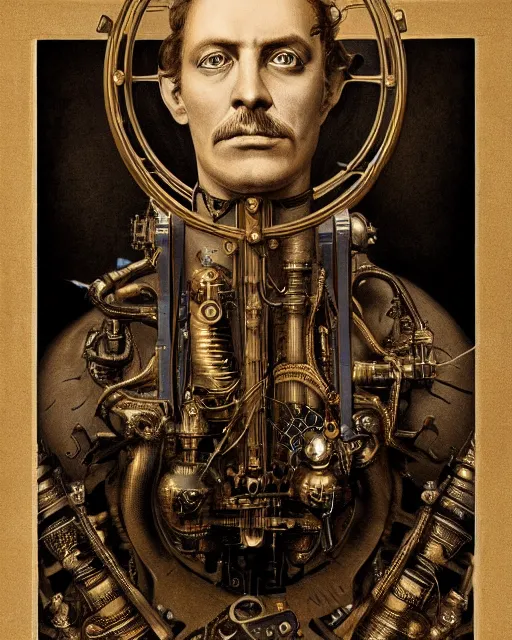 Image similar to epic portrait of victorian man scientist, steampunk, dieselpunk, highly detailed, intricate, symmetry, golden ratio, illustration, realistic, 8 k, high sharpness, digital art, hd rendering, by giger and rutkowski and dore