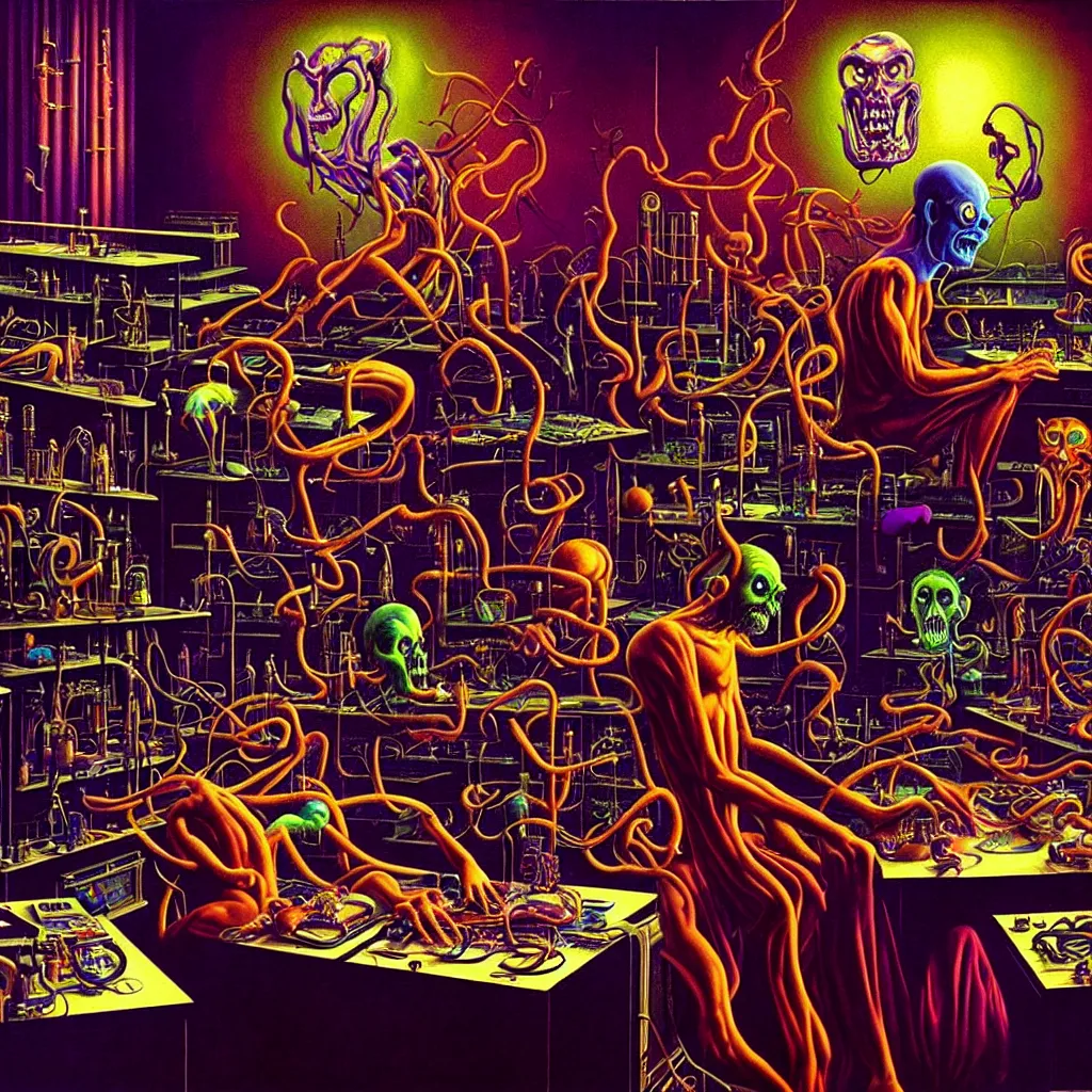 Prompt: a hyperrealistic painting of an ornate supreme dark overlord synthesizing demons at his laboratory workstation, cinematic horror by the art of skinner, chris cunningham, lisa frank, richard corben, highly detailed, vivid color,