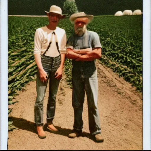 Prompt: a alien standing next to a farmer on a farm next to a corn field polaroid picture