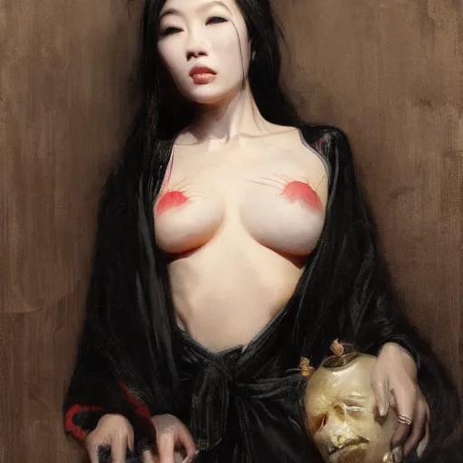 Prompt: detailed cinematic wide shot of beautiful attractive hoyeon jung asian vampire woman wearing black bath robe slim face symettrical face clean skin black eyes black robe smooth, sharp focus, ultra realistic, spring light, painting by gaston bussiere, craig mullins, j. c. leyendecker