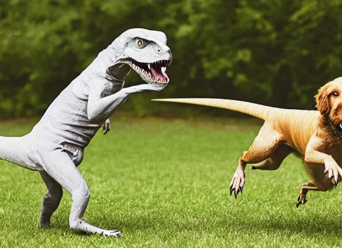 Image similar to photo of a dog playing with a velociraptor