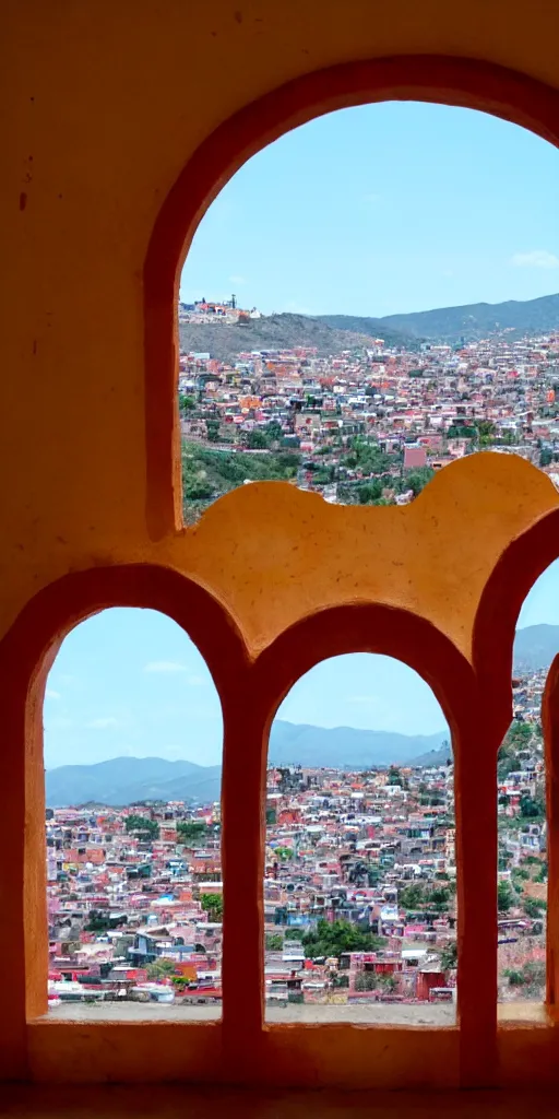 Prompt: symmetry!! arched window in foreground, guanajuato city in background, by wes anderson