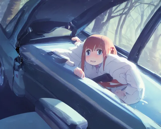 Image similar to a brunnete girl with blue eyes and puffy cheeks lying in a car accident, long shot from the top, anime art, Greg Rutkowski, studio ghibli, dramatic lighting