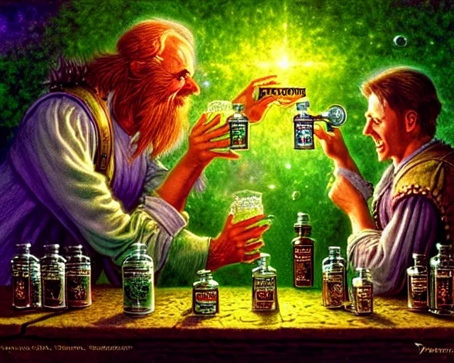 Image similar to A richly detailed fantasy digital art of an ancient vintage apothecary magic arcane nebula healing elixir potion bottle trading card an esoteric blender render by Bob Eggleton, two jolly wizards enthusiastically drinking and imbibing magic potions