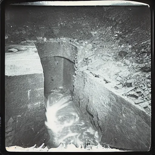 Prompt: looking over the edge of a wide mine shaft with water flowing down the walls into a dark hole, creepy, eerie, unsettling, terrifying, jagged rocks, dark, old polaroid, expired film,
