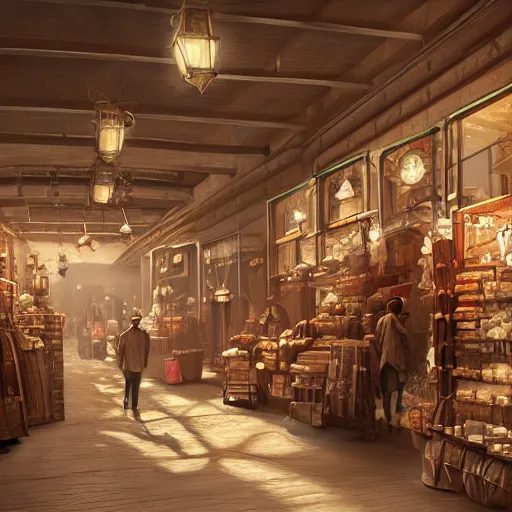 Image similar to A hyper realistic matte painting of interior of a western style shop with shopkeeper, 4k, artstation, cgsociety, cinematic lighting