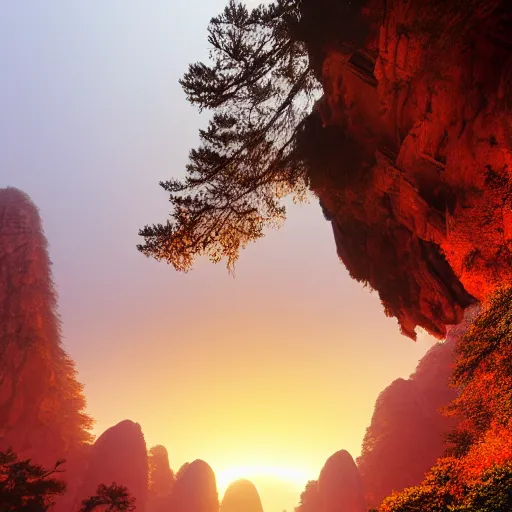 Image similar to huangshan with levitating stones in zero gravity, no trees, ancient redwood forest, taoist temples and monks, artwork by ansel adams, andreas rocha, artstation, scifi, hd, wide angle, viewed from within a stone grotto, autumnal, sunset