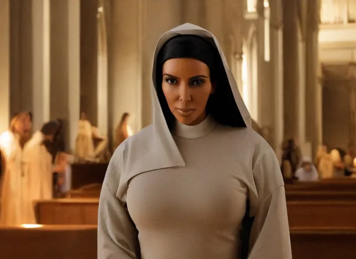 Image similar to a movie still of kim kardashian as a nun with her bust slightly showing. backround : church interior