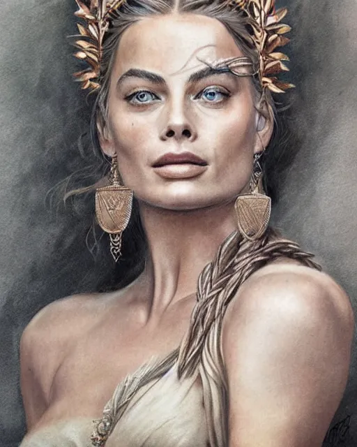 Image similar to realism tattoo sketch of margot robbie as a beautiful greek goddess aphrodite with piercing eyes wearing a laurel wreath and triangle earrings, in the style of greg rutkowski, amazing detail