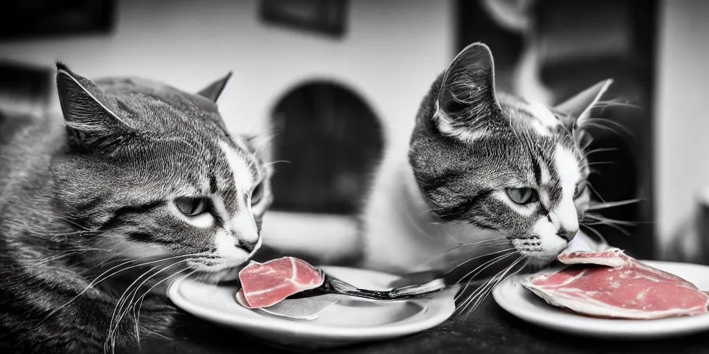 Prompt: photography of a cat eating mortadella at trullo house, photoreal, 3 5 mm, award winning photography