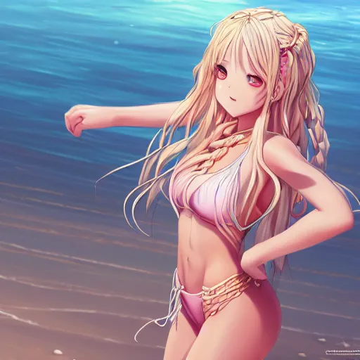 Prompt: a very beautiful anime girl, full body, long braided curly blonde hair, twisted braids, golden watery eyes, full round face, short smile, pale pink bikini, serene beach setting, cinematic lightning, medium shot, mid-shot, highly detailed, trending on artstation, Unreal Engine 4k, cinematic wallpaper by Stanley Artgerm Lau, WLOP, Rossdraws, James Jean, Andrei Riabovitchev, Marc Simonetti, and Sakimichan