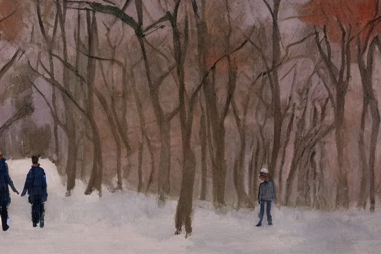 Prompt: a very tall man with dark hair holding the hands of a short young boy as they walk in a park on a bright beautiful winter day. part in the style of an edgar degas painting. part in the style of david hockney